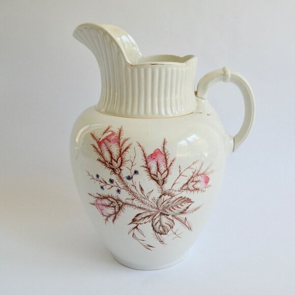 Antique Iowa Ironstone Chamber Pitcher 1800's Floral Pattern 12" - Picture 1 of 7